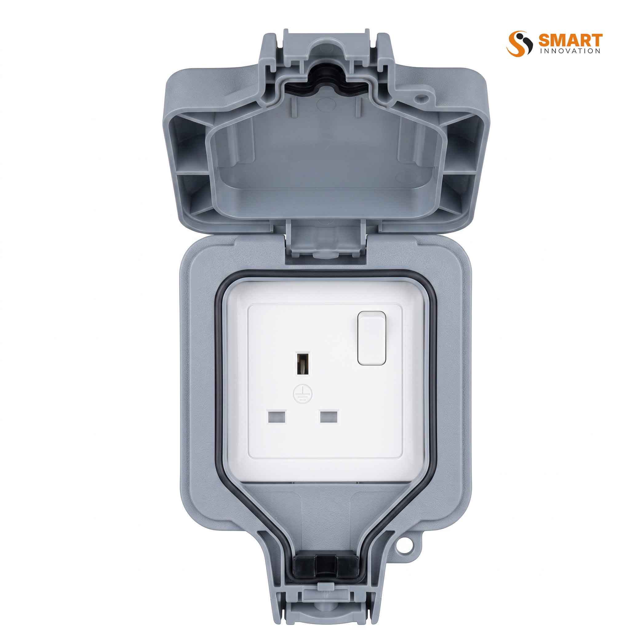 A 13A 1 Gang Weatherproof Switched Socket, used to provide a safe outdoor power outlet protected from dust and water.