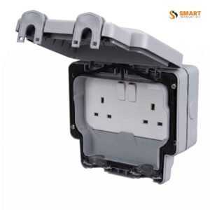 A 13A 2 Gang Weatherproof Switched Socket, used to safely power two electrical devices in outdoor and damp environments.