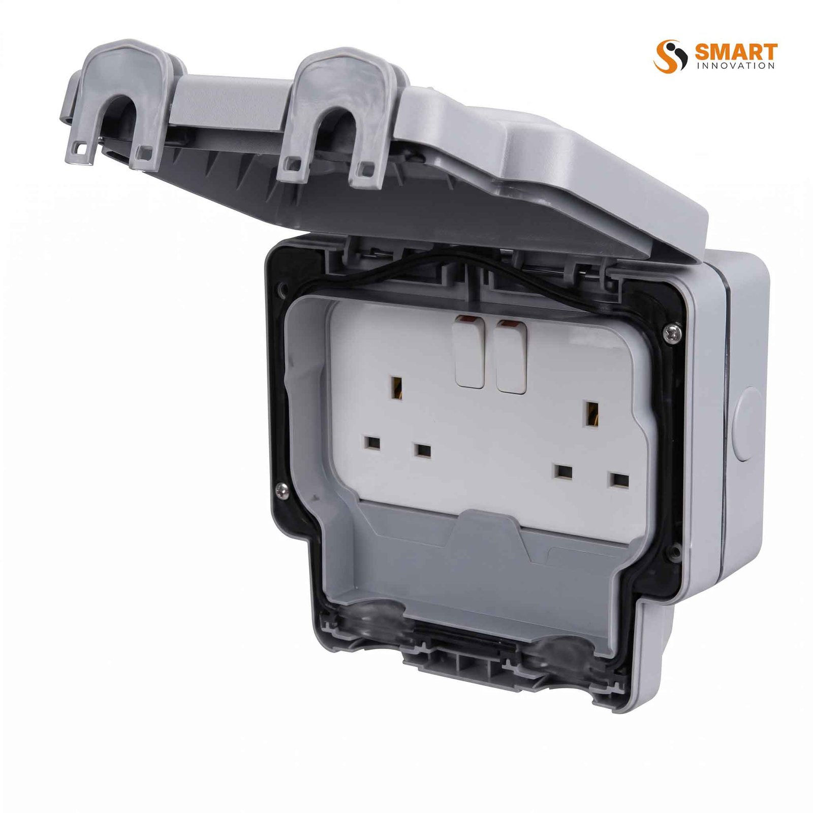 A 13A 2 Gang Weatherproof Switched Socket, used to safely power two electrical devices in outdoor and damp environments.