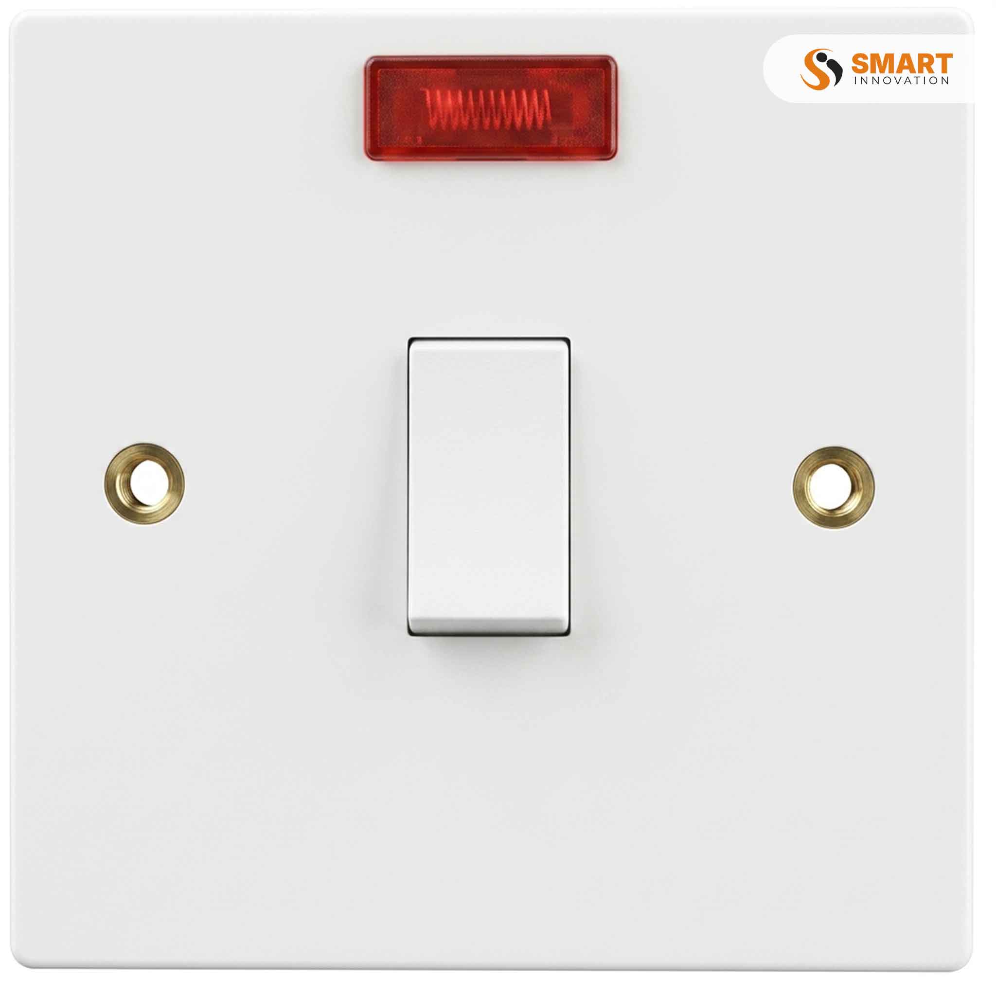 A 20A Double Pole Switch with Neon, used to safely isolate high-power electrical appliances while providing a clear power-on indication.