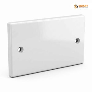 A 2 Gang Blank Plate, used to safely cover unused double electrical back boxes and wall openings.