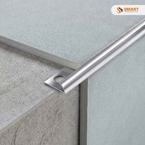 Quadrant Round Edge Metal Tile Trim in Silver installed on a luxury bathroom external wall corner