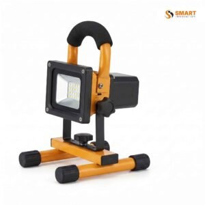 SMD rechargeable LED floodlight, 6500K daylight white, providing bright portable lighting on a job site.