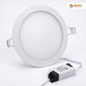 Round LED recessed panel light, 6500K daylight white, fitted flush into a ceiling for even, modern lighting.