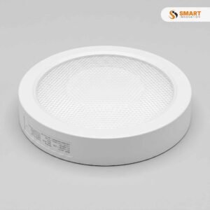 Round LED surface panel light, 6500K daylight white, mounted directly onto a ceiling for bright modern lighting.