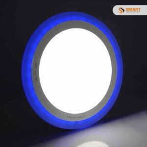 LED recessed panel light with blue and white illumination, fitted into a ceiling for decorative modern lighting.