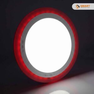 LED recessed panel light with red and white illumination, fitted into a ceiling for decorative modern lighting.
