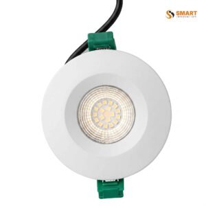 Fire rated LED downlight recessed into a ceiling, providing safe lighting while preserving fire integrity.