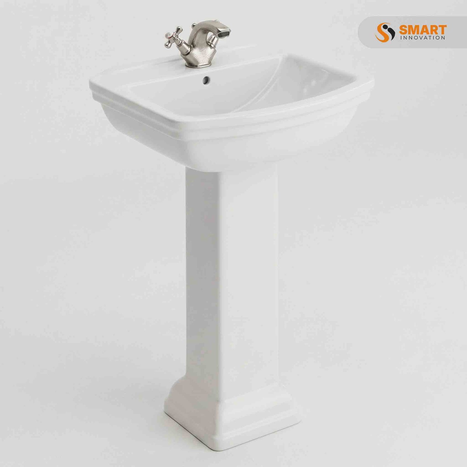 Hemsley Traditional Basin + Pedestal (1 Tap Hole) in gloss white ceramic with a full pedestal and single tap hole for traditional bathrooms.