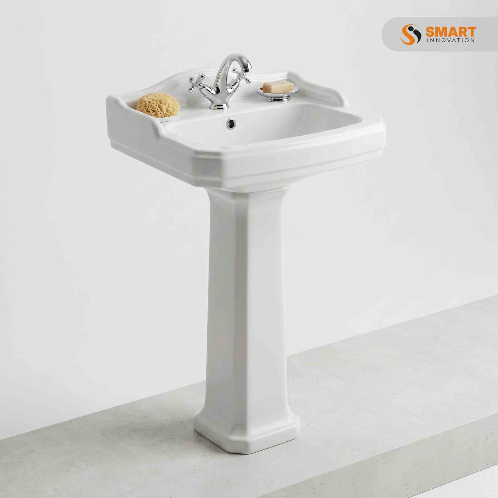 Legend Traditional Basin & Pedestal in ceramic white with a full pedestal, integrated overflow, and single tap hole for traditional bathroom suites.