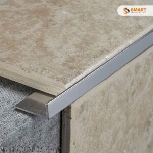 Square Edge L Shape Metal Tile Trim in Silver installed cleanly on a contemporary bathroom wall corner layout