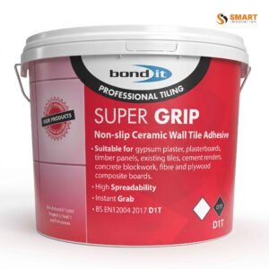 Super-Grip Tile Adhesive - 15kg tub displayed with a freshly tiled kitchen backsplash wall