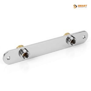 A chrome shower fixing plate — the backing plate that holds the valve solid and looks decent doing it.