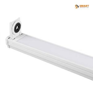 Tube light integrated brackets fitted to a ceiling, holding an LED tube light securely in place.
