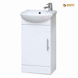 A white gloss vanity unit with integrated basin, 420mm wide — compact, practical, looks clean in a small bathroom.