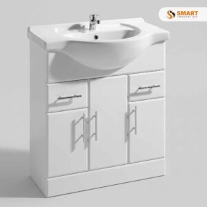 A white gloss vanity unit with integrated basin, 750mm wide — proper size basin, real storage space, looks clean and modern.