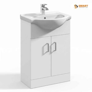 A white gloss vanity unit with integrated basin — storage, washing, and a clean contemporary look in one piece.