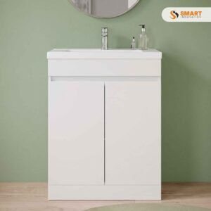 A freestanding 500mm bathroom unit with integrated basin — sits on the floor, no wall mounting, proper storage underneath.