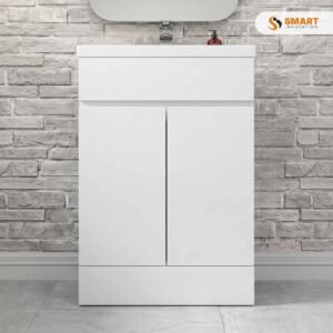 A freestanding 600mm bathroom unit with integrated basin — sits on the floor, proper size basin, real storage space underneath.