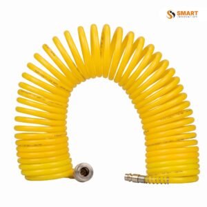 Coiled Air Hose Line 15mx8x5.5mm connected to a pneumatic tool on a professional workshop workbench