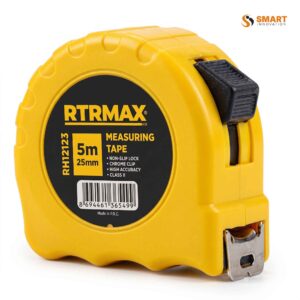Rtrmax Measuring tape 5m - 25mm being extended across a wooden subfloor to plot precise tiling dimensions