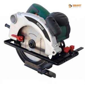 Rtrmax Rtm382 Circular Saw 1300W executing a clean rip cut through thick plywood flooring panels