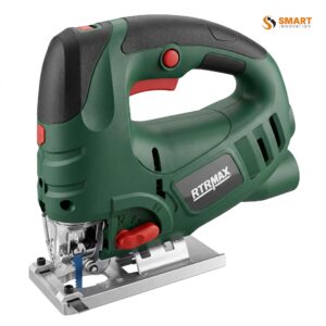 Rtrmax Rtm360 Jigsaw 800W executing an intricate curved cutout on a wooden backing board
