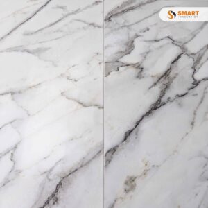 SPC 30x60 White Marble interlocking rigid core floor tiles fitted cleanly across a contemporary kitchen space